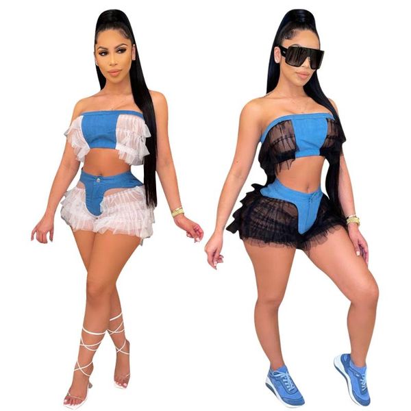 

cross-border foreign trade women's high elastic imitation denim wrapped chest stitching mesh two-piece suit tracksuits, Gray