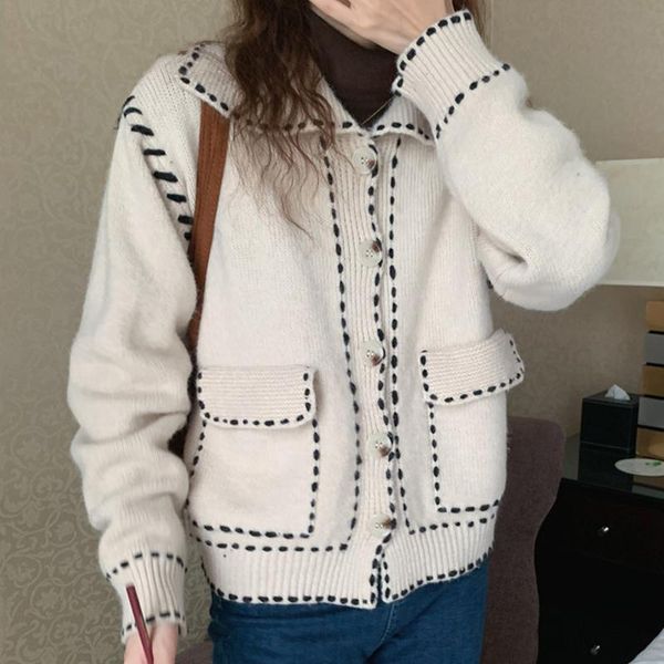 

women's jackets women jacket 2021 korean fashion elegant retro lapel double pocket open stitch hit color thick knit cardigan sweater, Black;brown