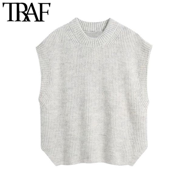 

traf women fashion loose side vents knitted vest sweater vintage o neck sleeveless female waistcoat chic 210415, White