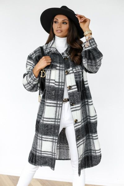 

xiu global women coat long sleeves plaid lapel loose fit packet warm female autumn leisure wear women's wool & blends, Black