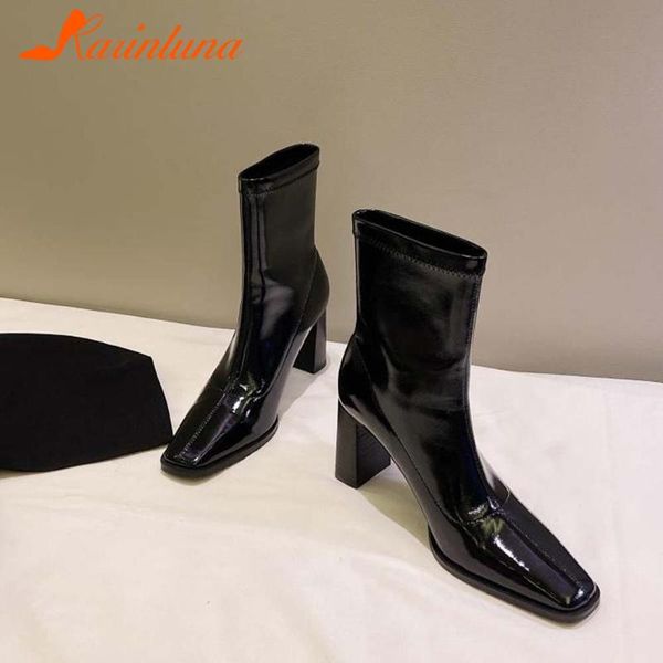 

boots drop women shoes 2021 fashion square toe ankle strange style heels booties footwear, Black
