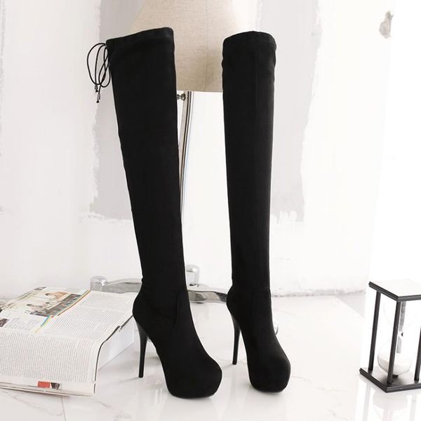 

boots plus size 10 11 12 thigh high knee over the women ladies elastic sleeve for rear binding, Black