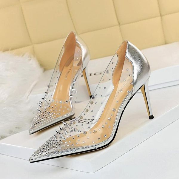 

europe and the united states rivet fine heel high shallow tip transparent water drill stitching hollow single shoes dress, Black