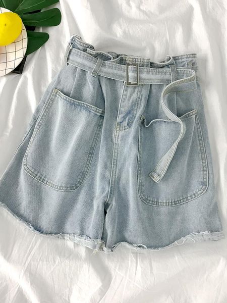 

women's jeans women denim shorts female all-match fashion korean tassel solid pokects with belt, Blue