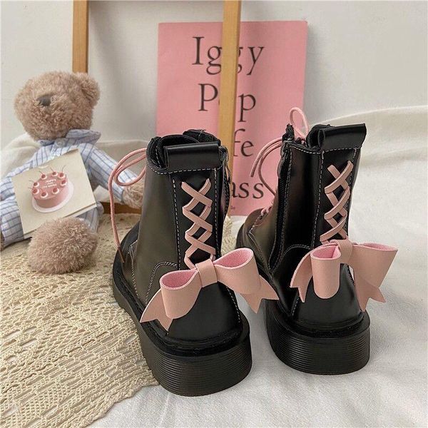 

boots shoes women pink bow ins punk british ankle thick bottom plus velvet all-match single genuine leather side zipper, Black