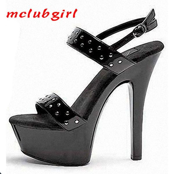

mclubgirl 15cm heels style all-around show thin fish mouth heel sandals rivet punk wristband buckle women's shoes lyp, Black