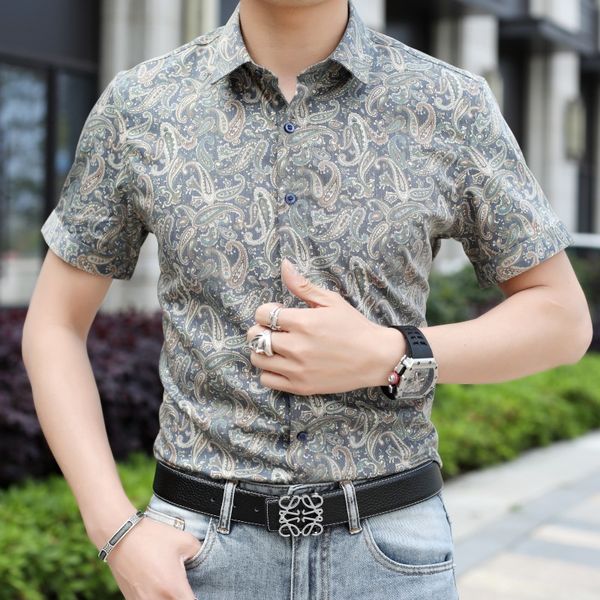 

luxury light summer men's shirt short sleeve slim cashew flower non iron versatile, White;black
