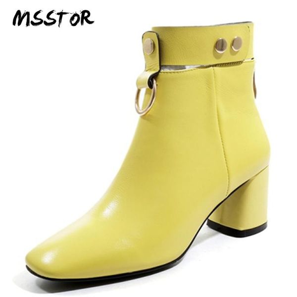 

boots msstor rivet metal decoration yellow shoes women plus size fashion genuine leather winter square toe pump, Black