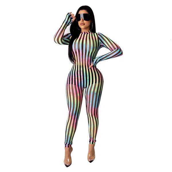 

multicolored stripes women ny rompers hollow out sheer long sleeves o neck party nightclub sports jumpsuits casual outfit, Black;white