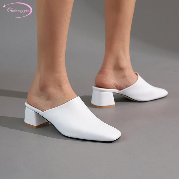 

casual style comfortable square toe summer cool slippers simple solid white red black medium with thick heel women's shoes
