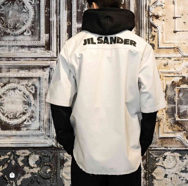

fashion designers jil sander fashion brand minimalist back letter linen cotton tooling couple's short sleeve shirt clothes, White;black