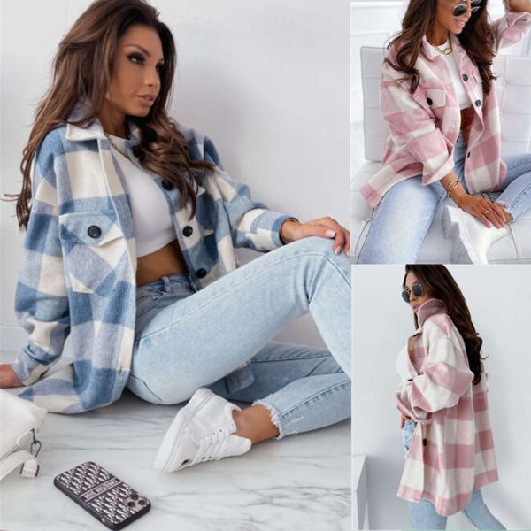 

autumn winter loose plaid wool long sleeve coat, Black;brown
