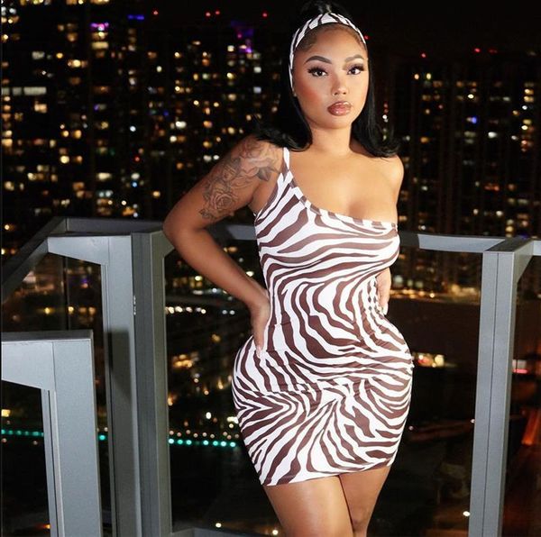 

casual dresses women oblique shoulder dress fashion summer zebra pattern hollow backless skinny short clubwear, Black;gray