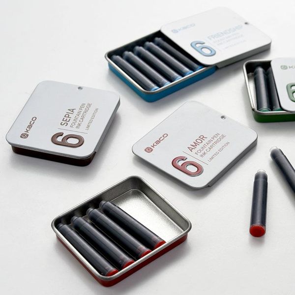 

12pcs kaco limited edtion ink cartridge portable red green brown lake-blue fountain pen cartridges with metal box pens