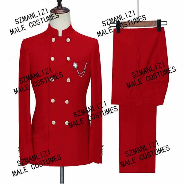 

latest coat pant designs red men suits stand collar gold buttons prom suit for man costume mariage homme 2 pieces wedding tuxedo, Black;gray