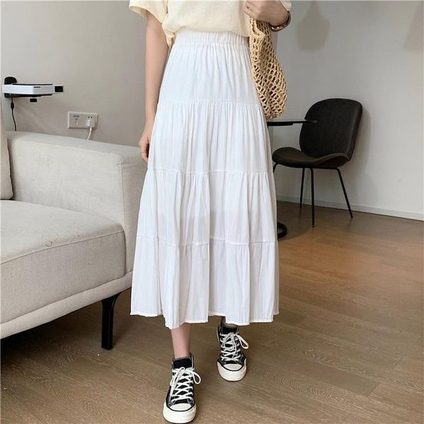 

spring summer women chiffon skirts vintage high waist elastic patchwork white black chic long cake a-line skirt for student