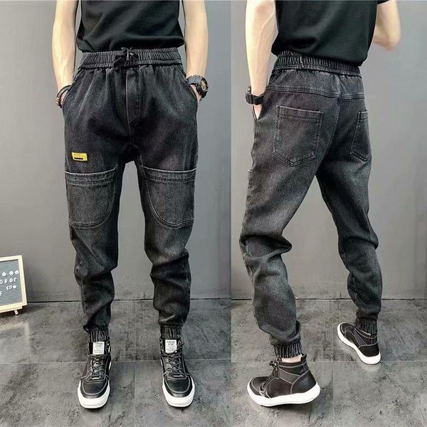 

men's pants 2021 korean streetwear jogging men fashion cargo casual clothing elastic waist trousers, Black