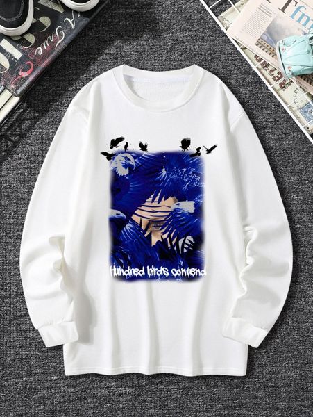 

men slogan & eagle print sweatshirt 62sy#, Black