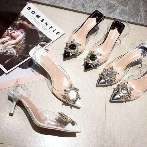 

dress shoes 2021 korean spring and summer fashion pumps pointed transparent sun flower rhinestone high heels stiletto, Black