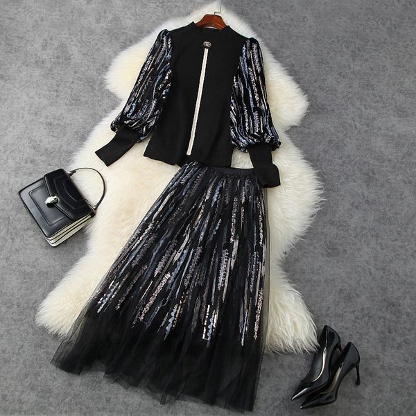 

two piece dress fall winter long sleeve round neck black knitted panelled knits + tulle embroidery mid-calf skirt 2 s set ln11t11552 u1pa, White