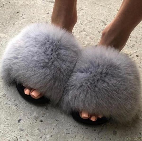 

color fur slippers women real slides home furry flat sandals outdoor fluffy indoor shoes woman 20-1, Black