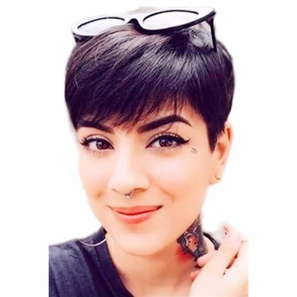 

human hair short pixie cut wigs straight bob none lace frontwigs with bangs africa americans full machine made wig for black women, Black;brown