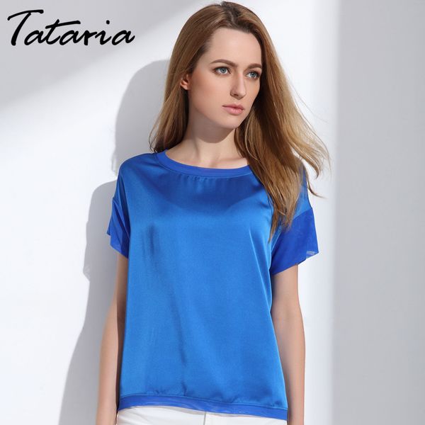 

tataria solid color slik women blouses female loose summer for short sleeve woman mujer casua 210514, White