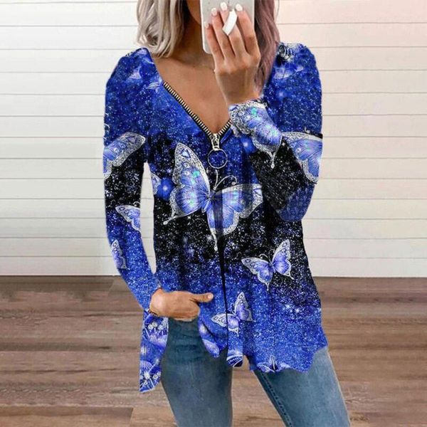 

women's blouses & shirts butterfly printed zipper v-neck blouse fashion long sleeve print tee shirt casual loose basic blusas mujer, White