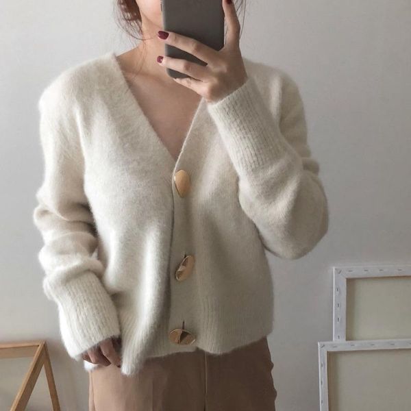 

women's knits & tees women cardigans mohair thicken warmth jacket single button jumper fashion winter korean long sleeve knitted sweate, White