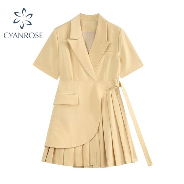 

blazer dress women elegant cropped lace up patchwork notched collar dresses summer streetwear ol solid pleated vestiods 210515, Black;gray