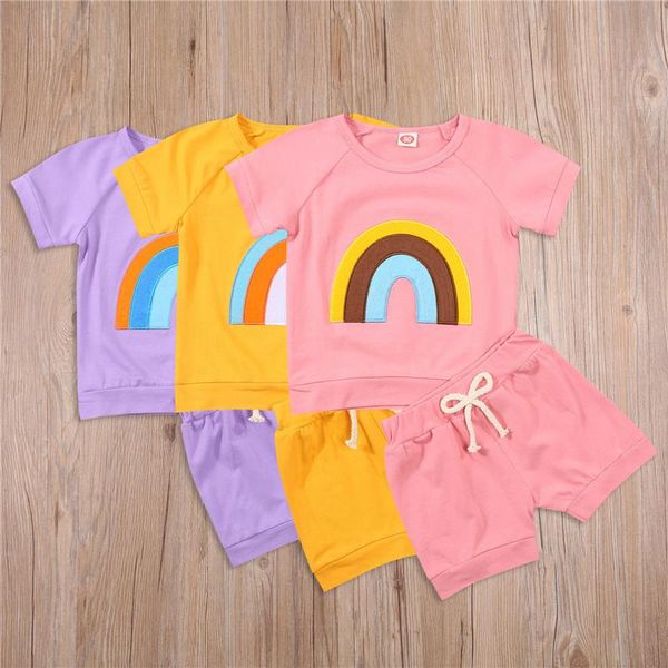 

clothing sets toddler baby boys girls children summer clothes kids cotton rainbow print t shirts+shorts 2pcs tracksuits, White
