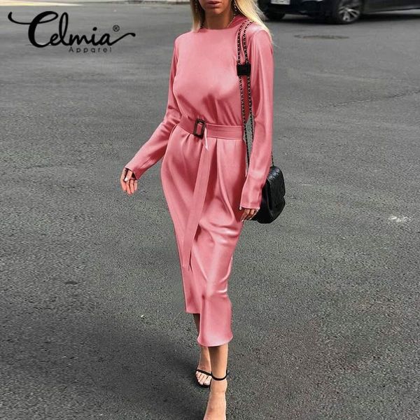

casual dresses celmia stylish o neck long sleeve mid-calf dress women's satin silk party solid loose plus size belt vestidos femme, Black;gray