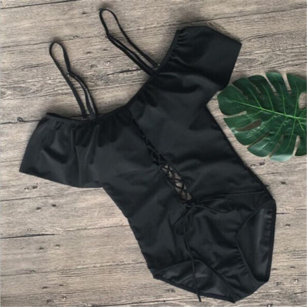 

one-piece suits off shoulder ruffle strappy vintage biquinis bandage bikini bodysuit swimwear women swimsuit bathing
