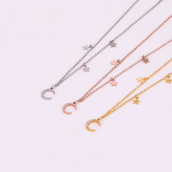

x9-207a temperament stars cnc micro inlaid moon necklace three five pointed star with diamond crescent clavicle chain, Silver