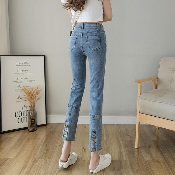 

women's jeans chic sense spring 2021 on the design of tall waist line straight women show thin nine-point pipe trunks, Blue