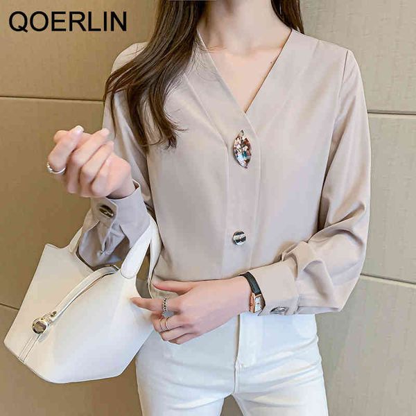 

qoerlin formal blouse ladies office workwear spring french v-neck chiffon shirt female elegant chic button shirt women plus size 210416, White