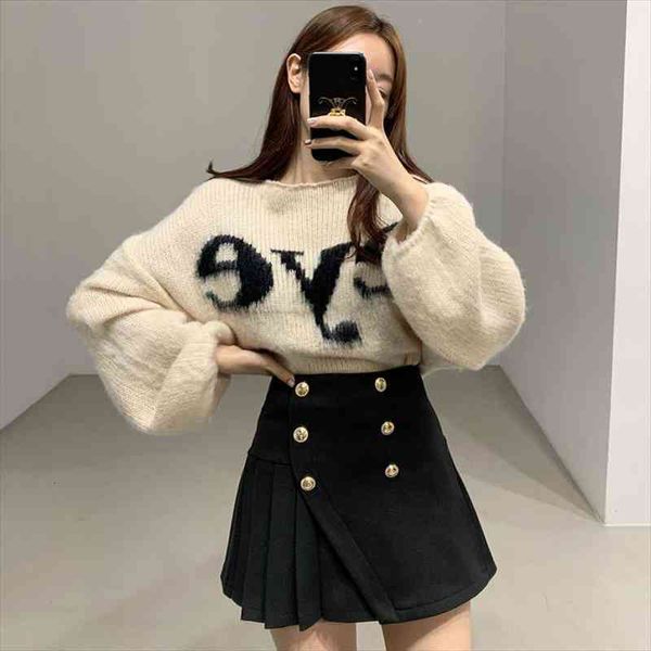 

loose all-match pullovers o neck letter sweater knitted high waist irregular pleated woolen skirt shorts retro autumn casual, White