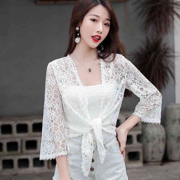 

women's blouses & shirts 2021 summer women casual beach kimono cardigan loose lace blouse sunscreen shirt hollow out bea, White