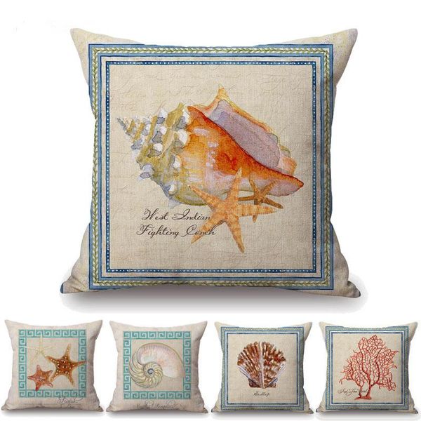 

cushion/decorative pillow red coral starfish conch cushion cover marine animals vintage style throw case 45x45cm beige linen sofa decoration