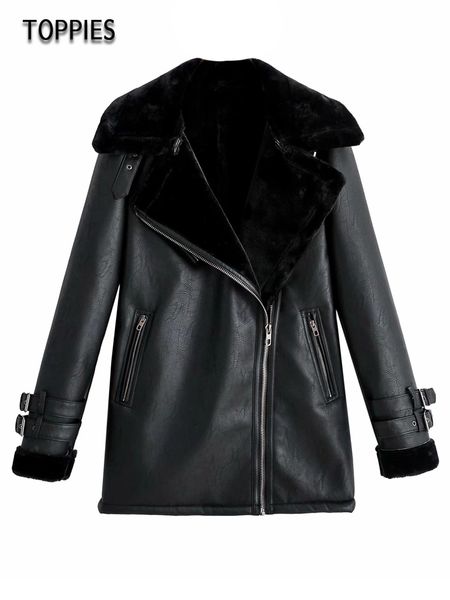 

winter fur jacket coat womens pu leather long coat zipper sheepskin jacket, Black