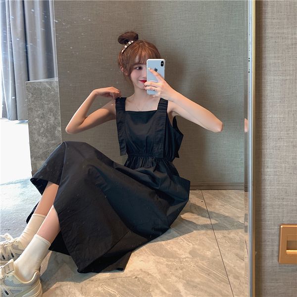 

black square neck tank dress women summer korean chic off shoulder pleated waist slim vestido feminino high street retro 210429, Black;gray