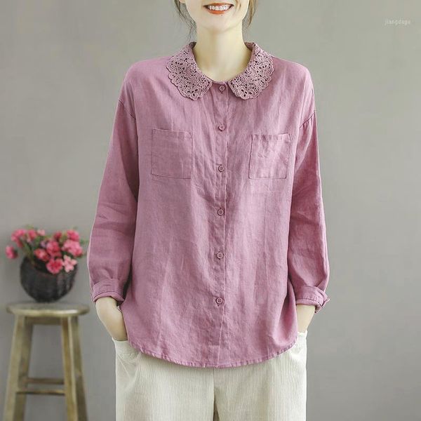 

women's blouses & shirts cotton 100% solid women summer vintage lace turn-down collar long-sleeved casual all match female outwear coat, White