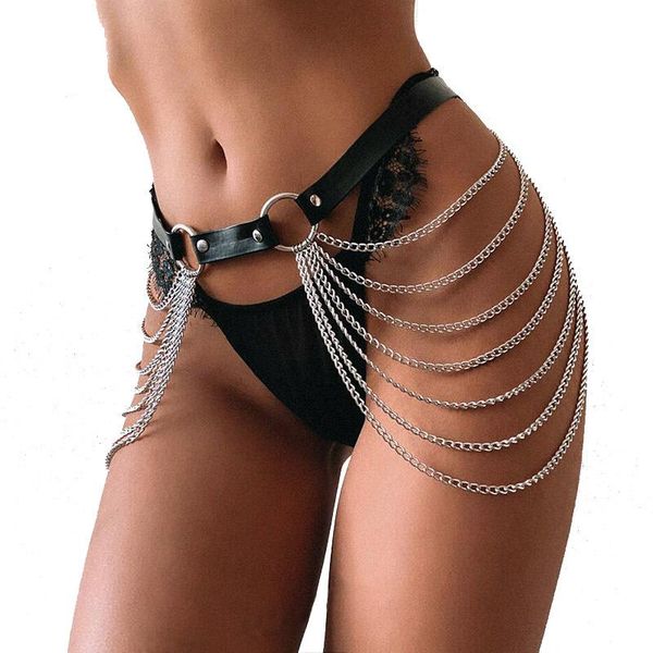 Cinture Cintura a catena in pelle nera Goth Punk Body Skirt Cinturino regolabile Festival Girls Harness Raver Dance Jewelry