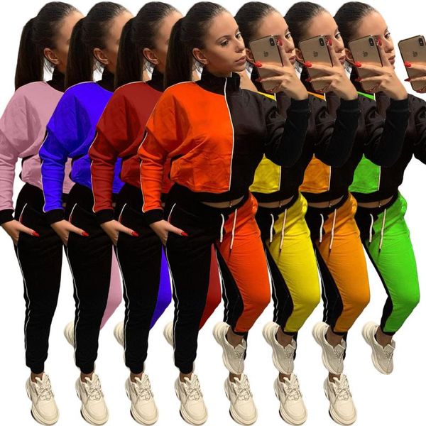 

women's two piece pants rstylish winter outfits tracksuit women stitching contrast color zipper jacket sports streetwear set, White