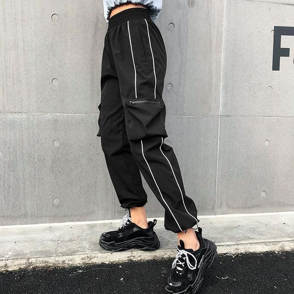 

women's pants & capris black ankle-length high waist women pockets patchwork cargo 2021 streetwear pencil trousers a518, Black;white