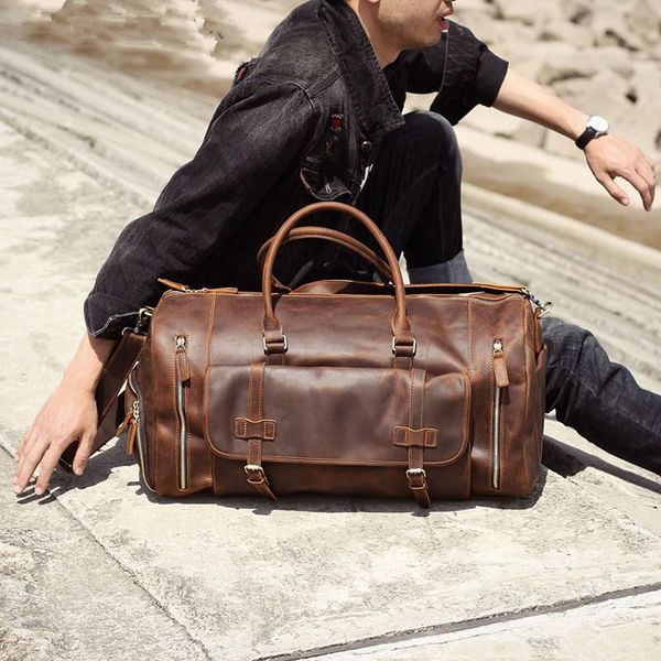 

brand men's genuine leather large travel bag vintage thick cowhide shoe pocket male classic 58cm big duffel bags