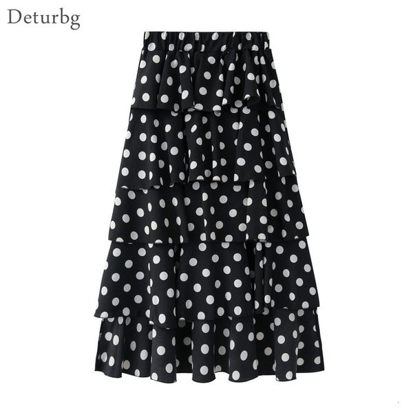 

casual dresses women's elegant dot print chiffon skirt korean female high waist ruffles asymmetric midi long tiered skirts 2021 sp, Black;gray