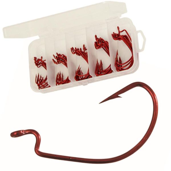 

50pcs offset hooks lure worm bait jig carbon steel fishing with box (red)