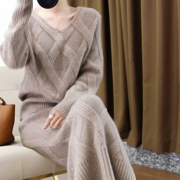 

two piece dress women solid geometric split skirt sweater set v-neck pullovers knitted suits winter, White