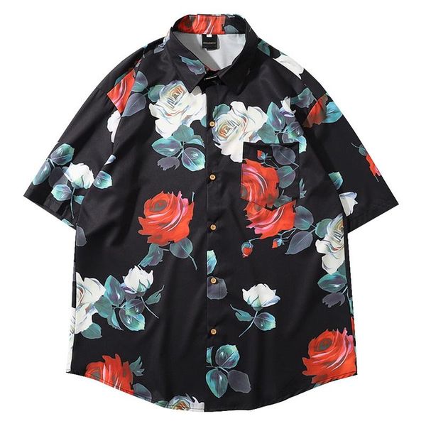 

mens short sleeve casual shirt fashion rose flower 3d print floral blouse turn-down collar looese clothing men's shirts, White;black